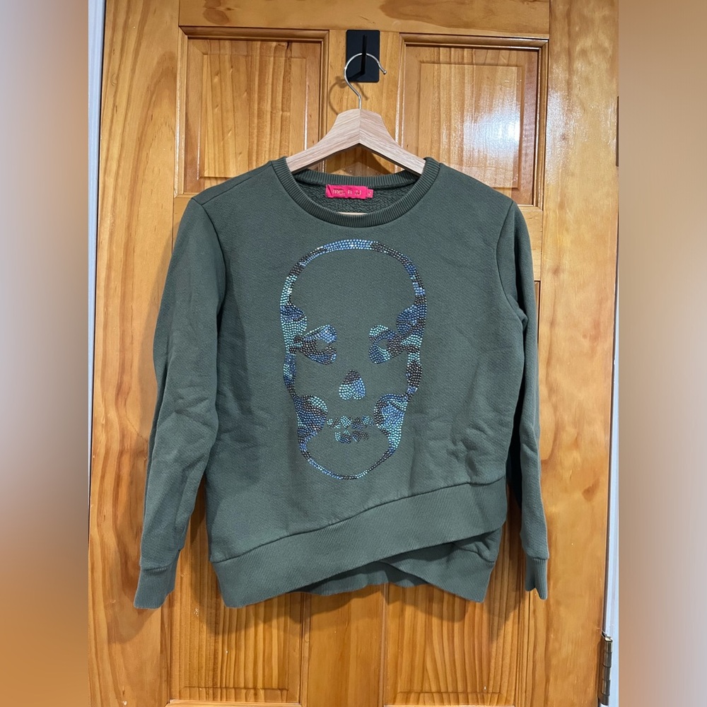 Me.n.u Bejeweled Asymmetrical Skull Maximalist Green Pullover Sweater Size XL